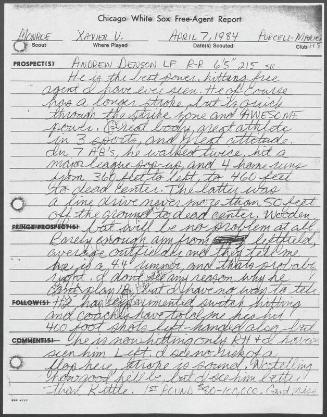 Drew Denson scouting report, 1984 April 07