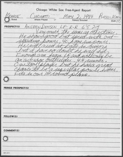 Drew Denson scouting report, 1984 May 02