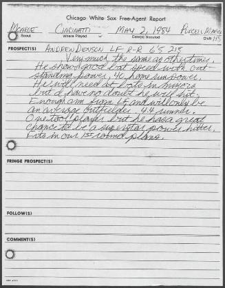 Drew Denson scouting report, 1984 May 02