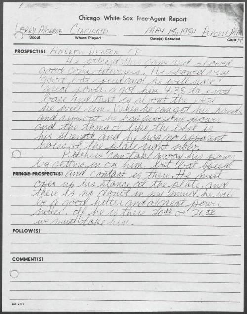 Drew Denson scouting report, 1984 May 18