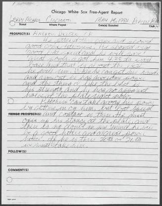 Drew Denson scouting report, 1984 May 18