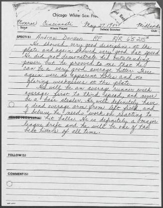 Drew Denson scouting report, 1984 May 27