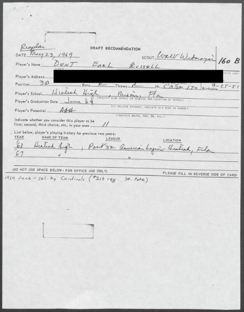 Bucky Dent scouting report, 1969 May 23