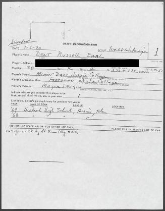 Bucky Dent scouting report, 1970 January 06