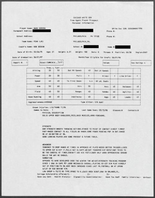 Mark DeRosa scouting report, 1996 March 13