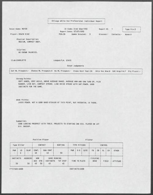 Edwin Diaz scouting report, 1995 July 07