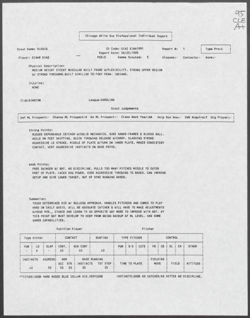 Einar Diaz scouting report, 1995 June 25