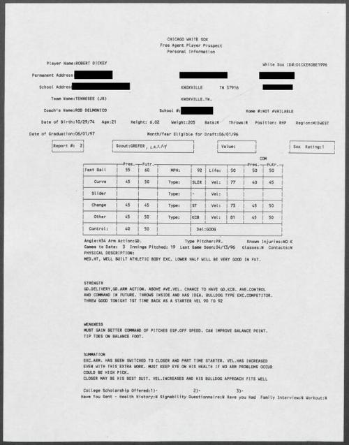 R.A. Dickey scouting report, 1996 April 13