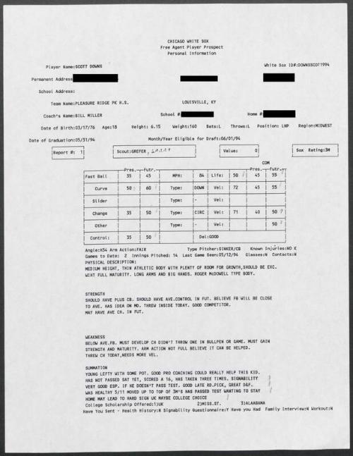 Scott Downs scouting report, 1994 May 12
