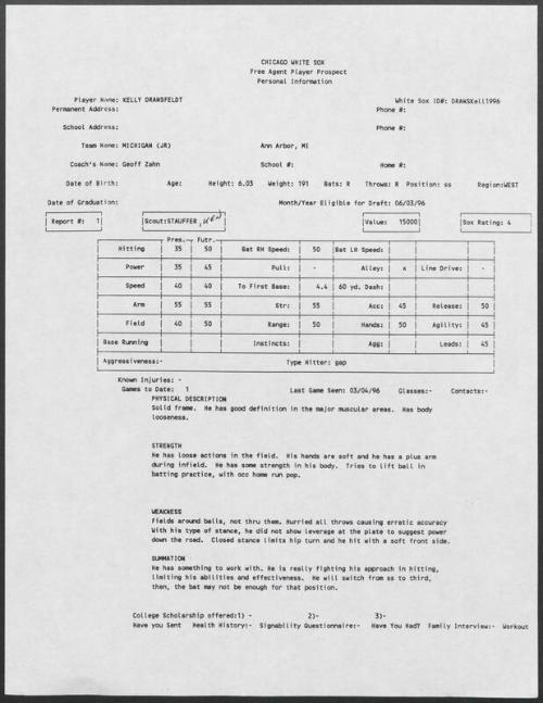 Kelly Dransfeldt scouting report, 1996 March 04