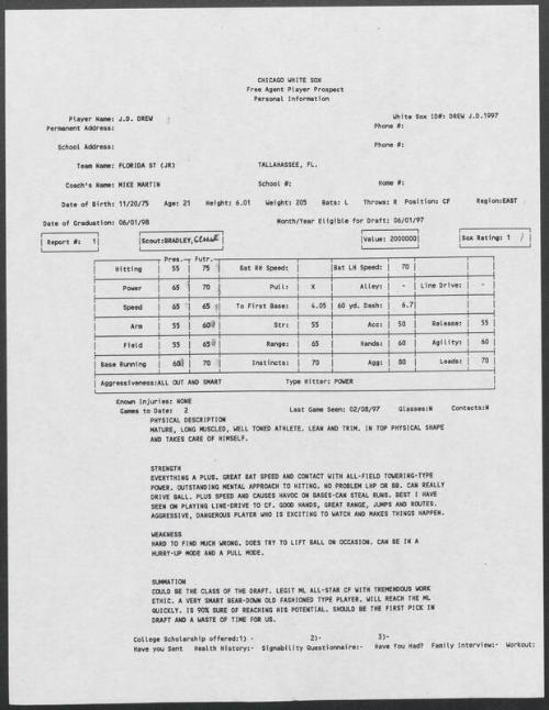 J.D. Drew scouting report, 1997 February 08