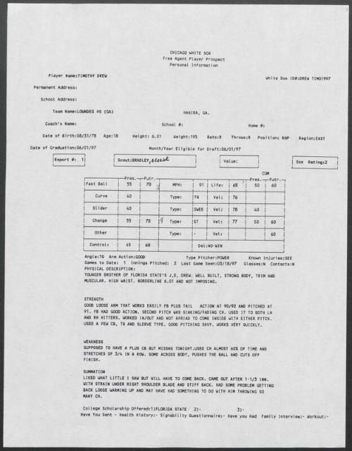 Tim Drew scouting report, 1997 March 18
