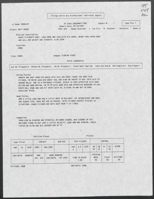 Matt Drews scouting report, 1995 July 19