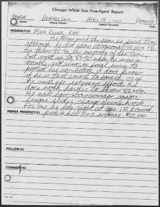 Mike Dunne scouting report, 1984 April 14