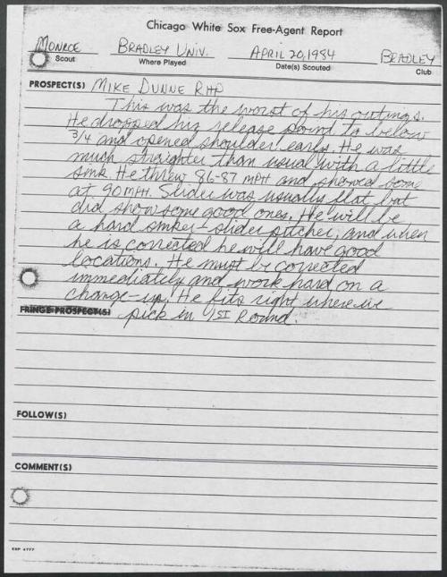 Mike Dunne scouting report, 1984 April 20