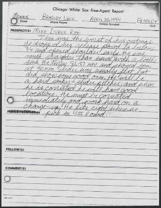Mike Dunne scouting report, 1984 April 20