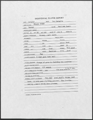 Ryne Duren scouting report, 1957 October 01