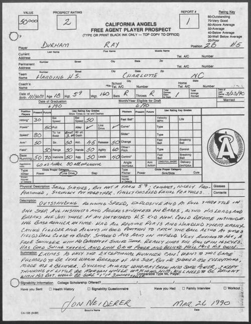 Ray Durham scouting report, 1990 March 26