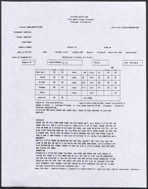 Adam Eaton scouting report, 1996 April 17
