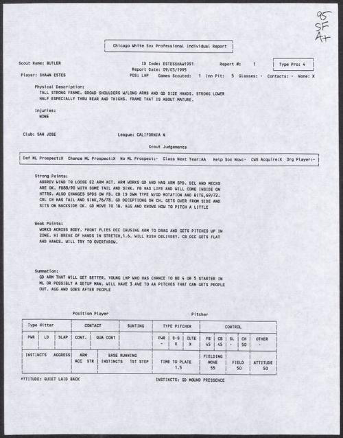 Shawn Estes scouting report, 1995 September 03