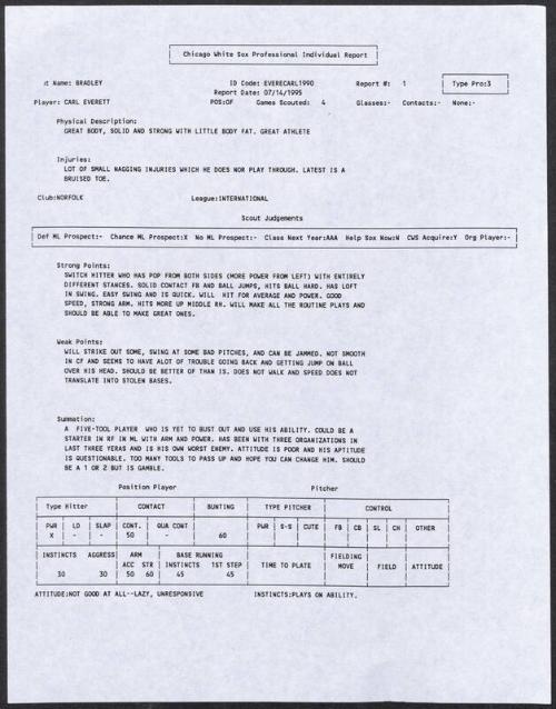Carl Everett scouting report, 1995 July 14