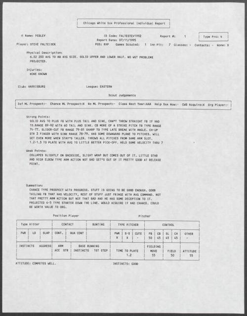 Steve Falteisek scouting report, 1995 July 11