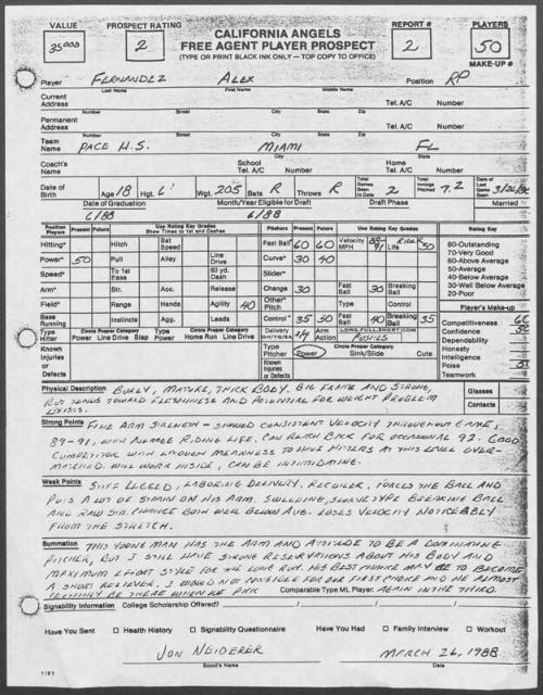 Alex Fernandez scouting report, 1988 March 26