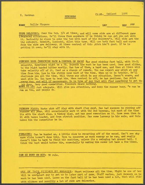 Rollie Fingers scouting report, 1976 September