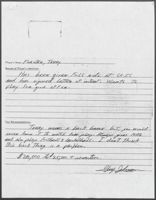 Terry Forster scouting report, 1970 May 18