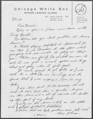 Letter from Gary Johnson to the Chicago White Sox, 1970 May 21