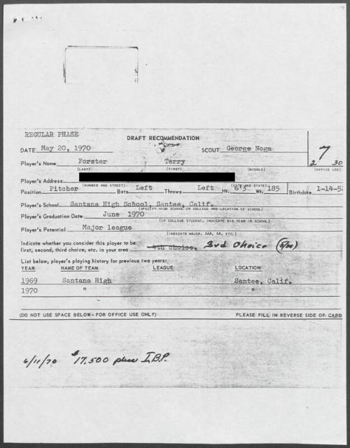 Terry Forster scouting report, 1970 May 20