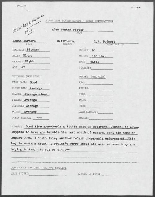 Alan Foster scouting report, 1965