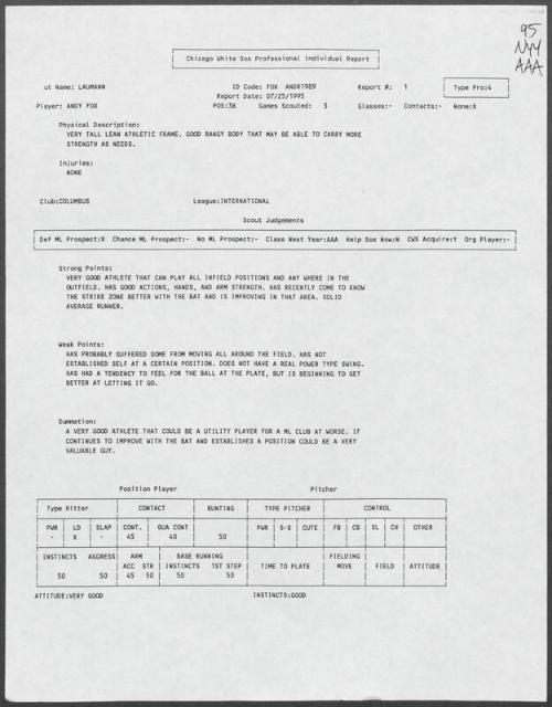 Andy Fox scouting report, 1995 July 25