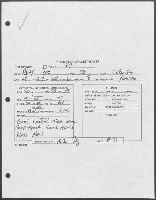 Andy Fox scouting report, 1995 August 21