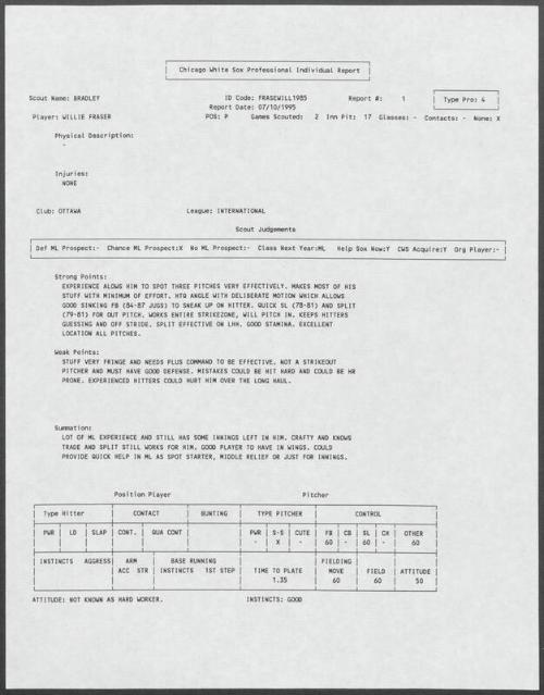Willie Fraser scouting report, 1995 July 10