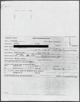 Dave Frost scouting report, 1974 May 22