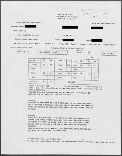 Chris Fussell scouting report, 1994 May 10