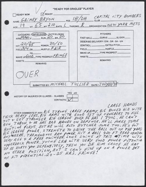 Bryon Gainey scouting report, 1995 July 23