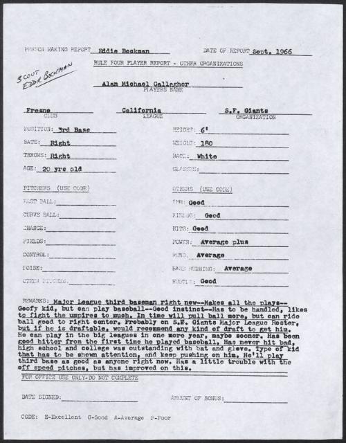 Al Gallagher scouting report, 1966 September