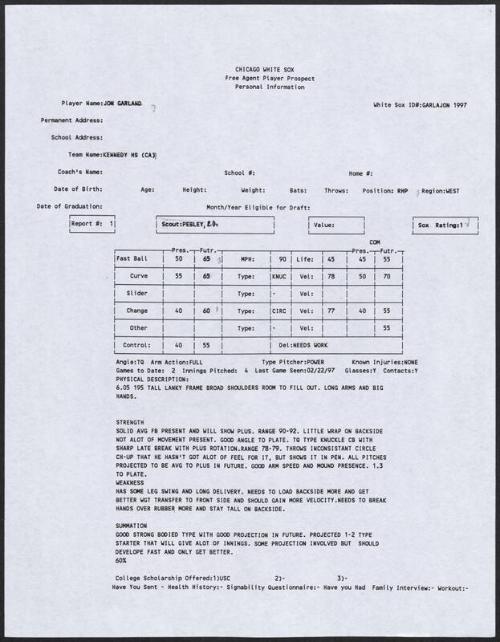 Jon Garland scouting report, 1997 February 22