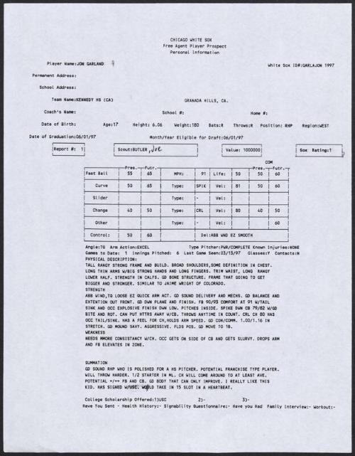 Jon Garland scouting report, 1997 March 13