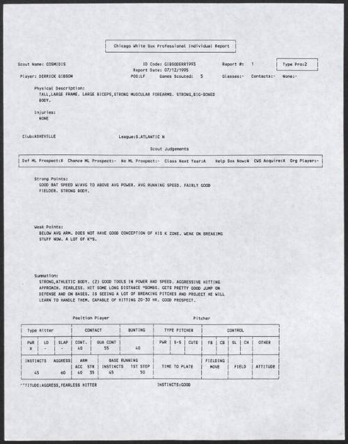 Derrick Gibson scouting report, 1995 July 12