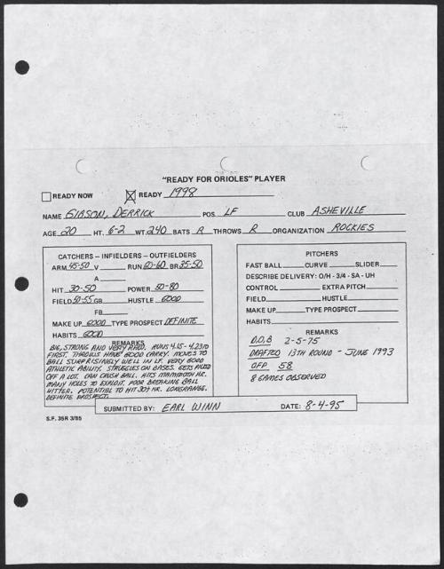 Derrick Gibson scouting report, 1995 August 04