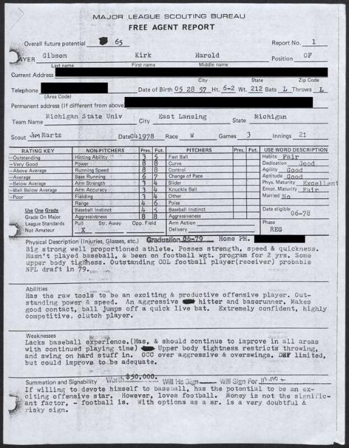 Kirk Gibson scouting report, 1978 April 19