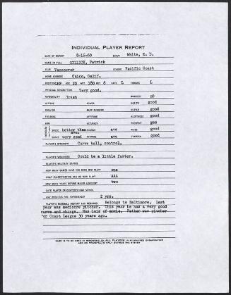 Pat Gillick scouting report, 1960 August 15