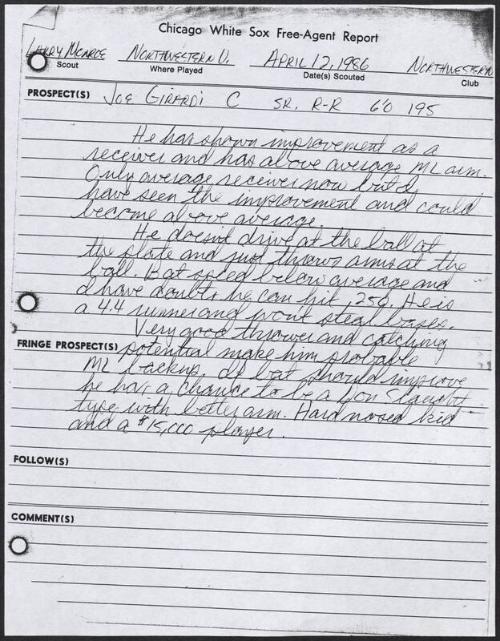 Joe Girardi scouting report, 1986 April 12