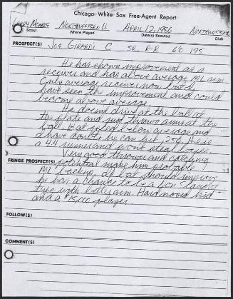 Joe Girardi scouting report, 1986 April 12