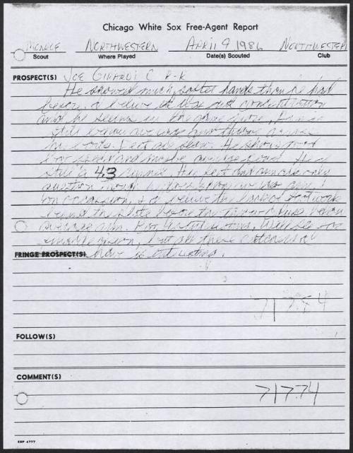 Joe Girardi scouting report, 1986 April 09