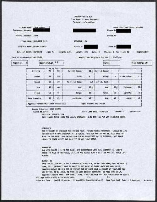 Troy Glaus scouting report, 1994 April 20