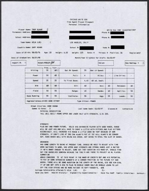 Troy Glaus scouting report, 1997 February 23